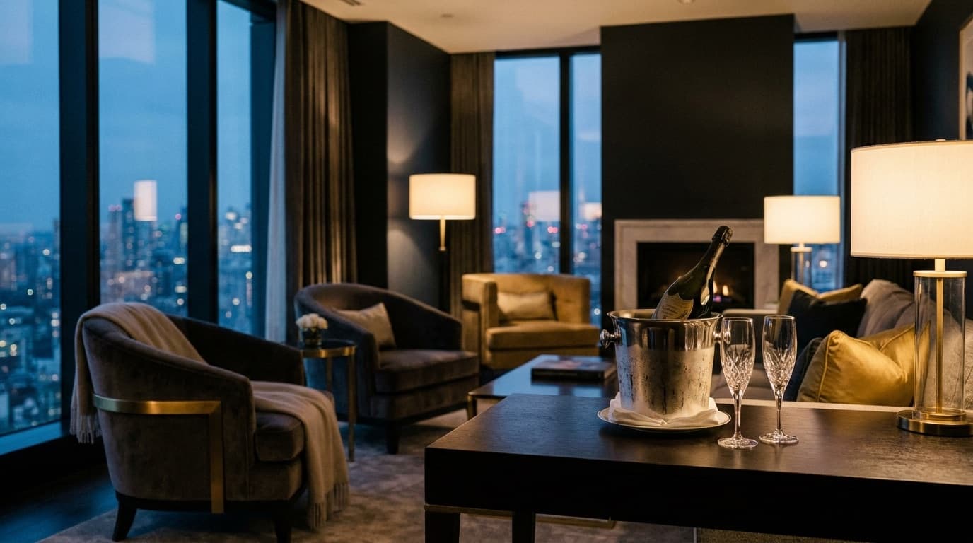 Elegante Suite mit Champagner am Abend